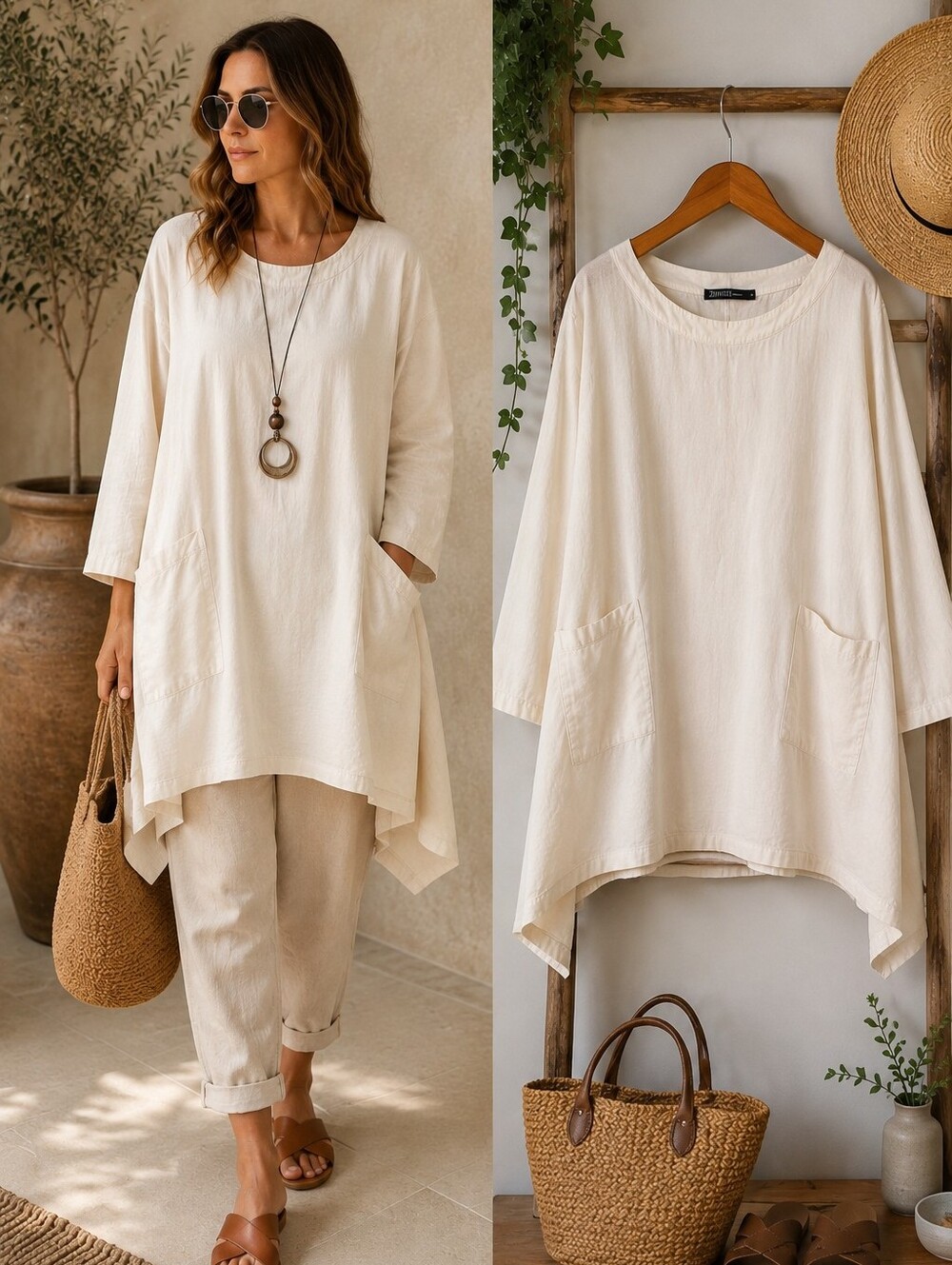 Zanzea 100% Cotton Lagenlook Tunic Top L Asymmetrical Boho Pockets Oversized